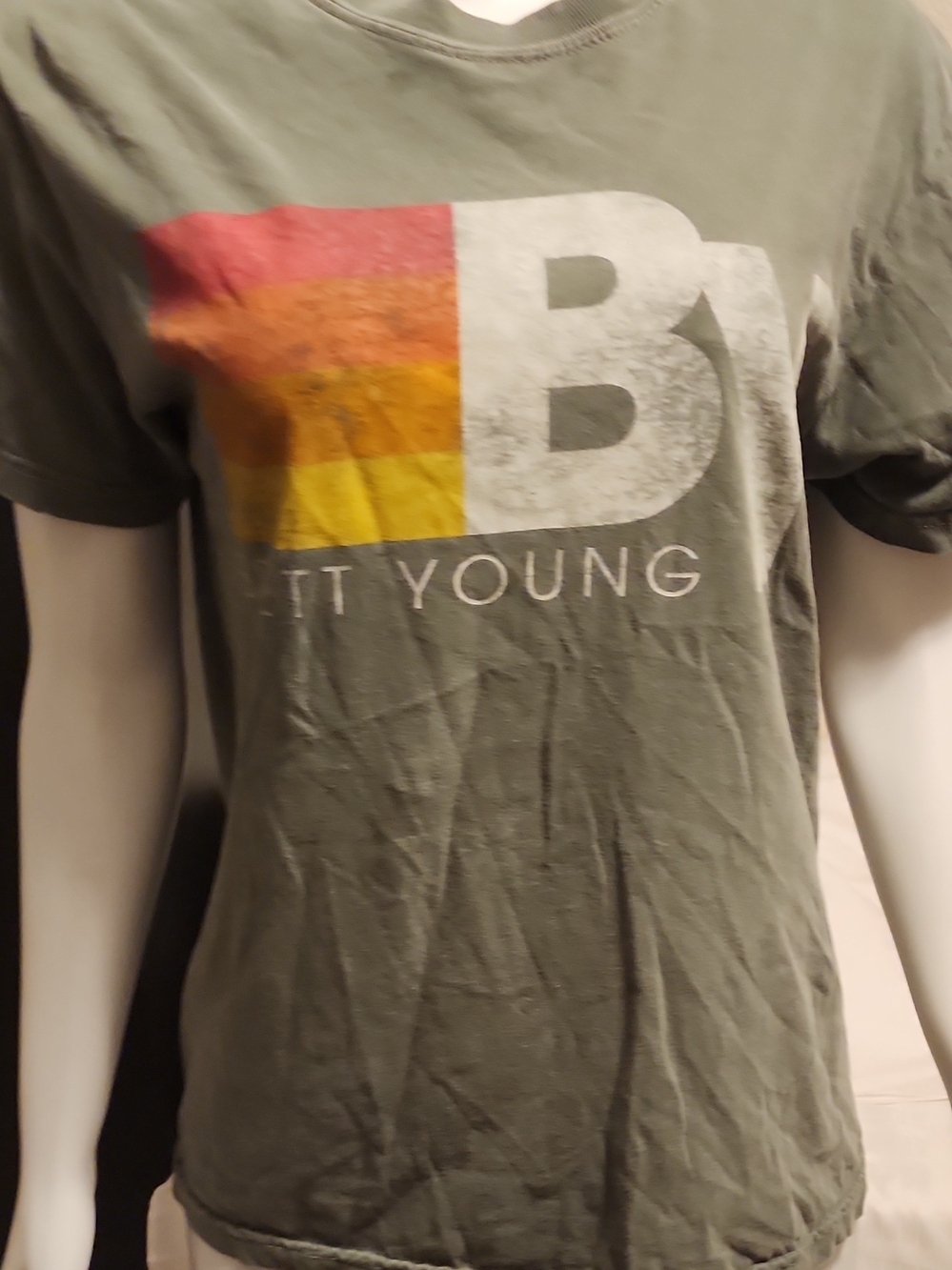 Comfort Colors Olive 'B' Logo Tee with Red-Orange-Yellow Stripe